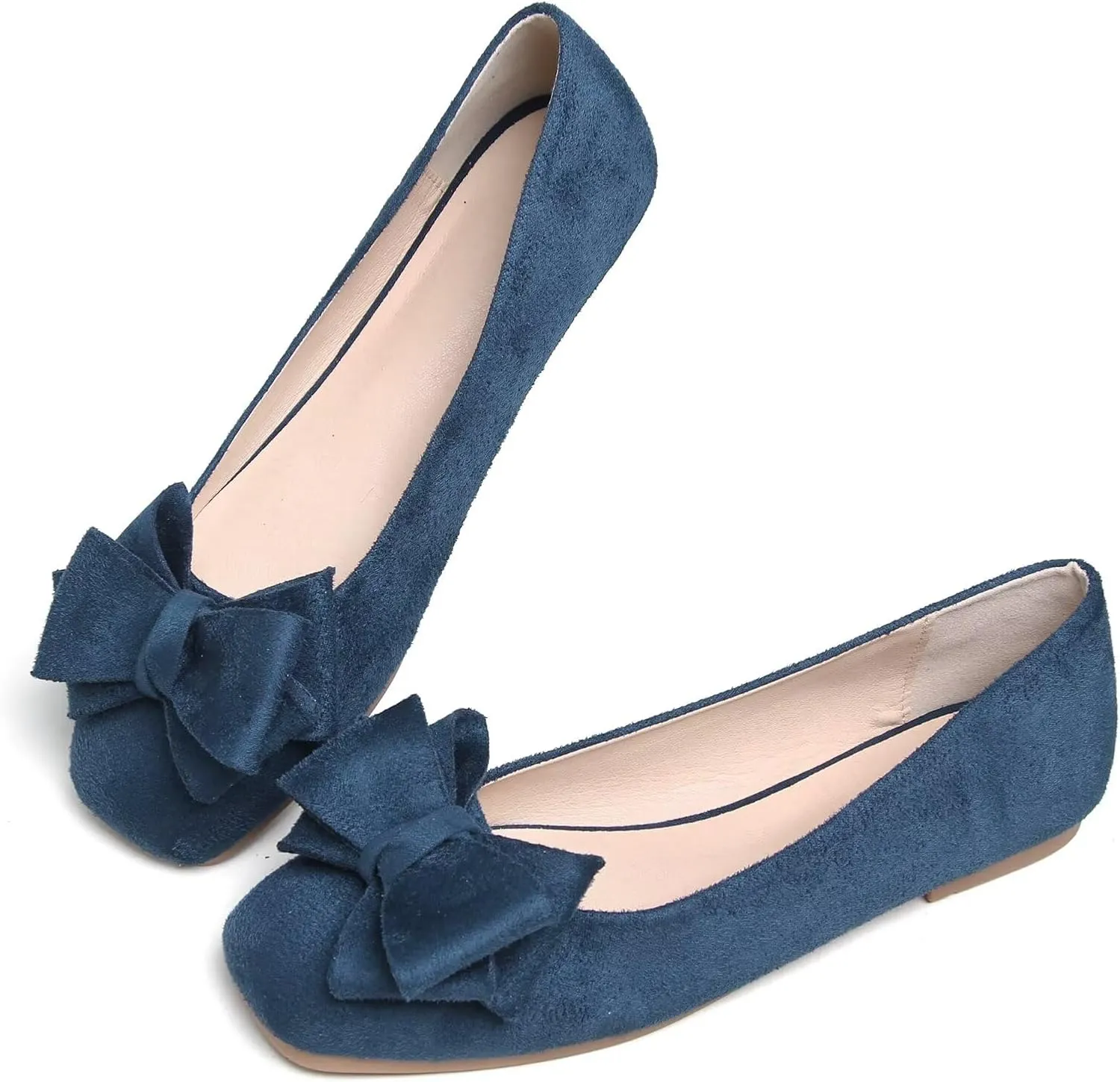 WENJIAZHIZHI Bowknot Ballet Flats Womens Square Toe Bowtie Flat Shoes Suede Dress Shoes Wear to Work Slip On Moccasins