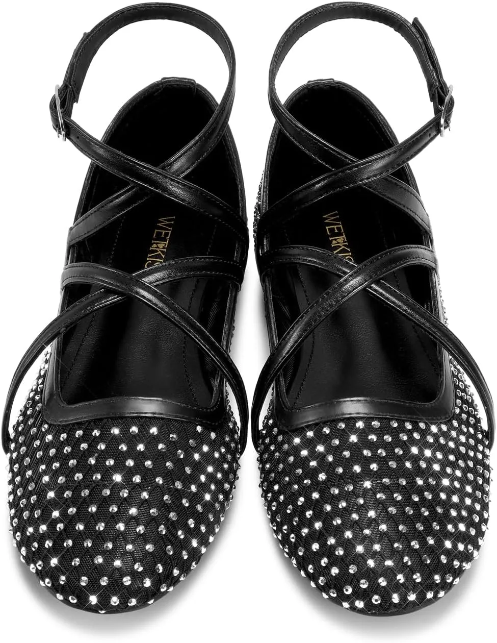 wetkiss Mesh Ballet Flats for Women Round Toe Ballerina Flats Shoes Comfortable Adjustable Ankle Strap Fishnet Mary Jane Flats