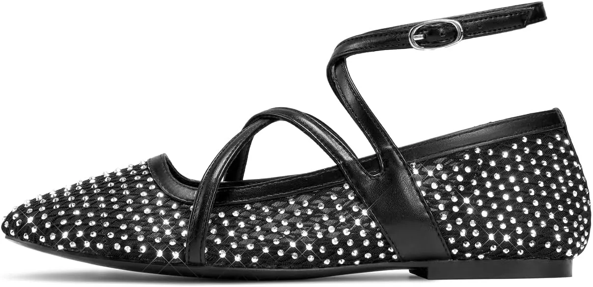 wetkiss Mesh Ballet Flats for Women Round Toe Ballerina Flats Shoes Comfortable Adjustable Ankle Strap Fishnet Mary Jane Flats