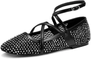 wetkiss Mesh Ballet Flats for Women Round Toe Ballerina Flats Shoes Comfortable Adjustable Ankle Strap Fishnet Mary Jane Flats