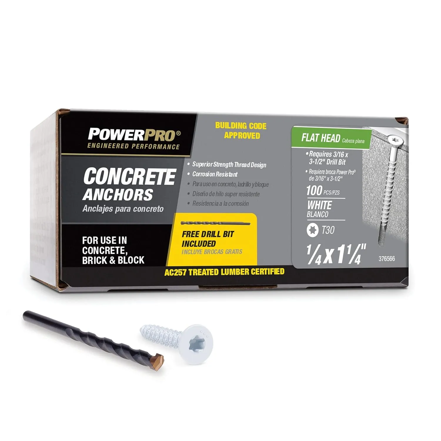 White Flat-Head Concrete Screw Anchors (1/4" x 1-1/4") - 100 pc