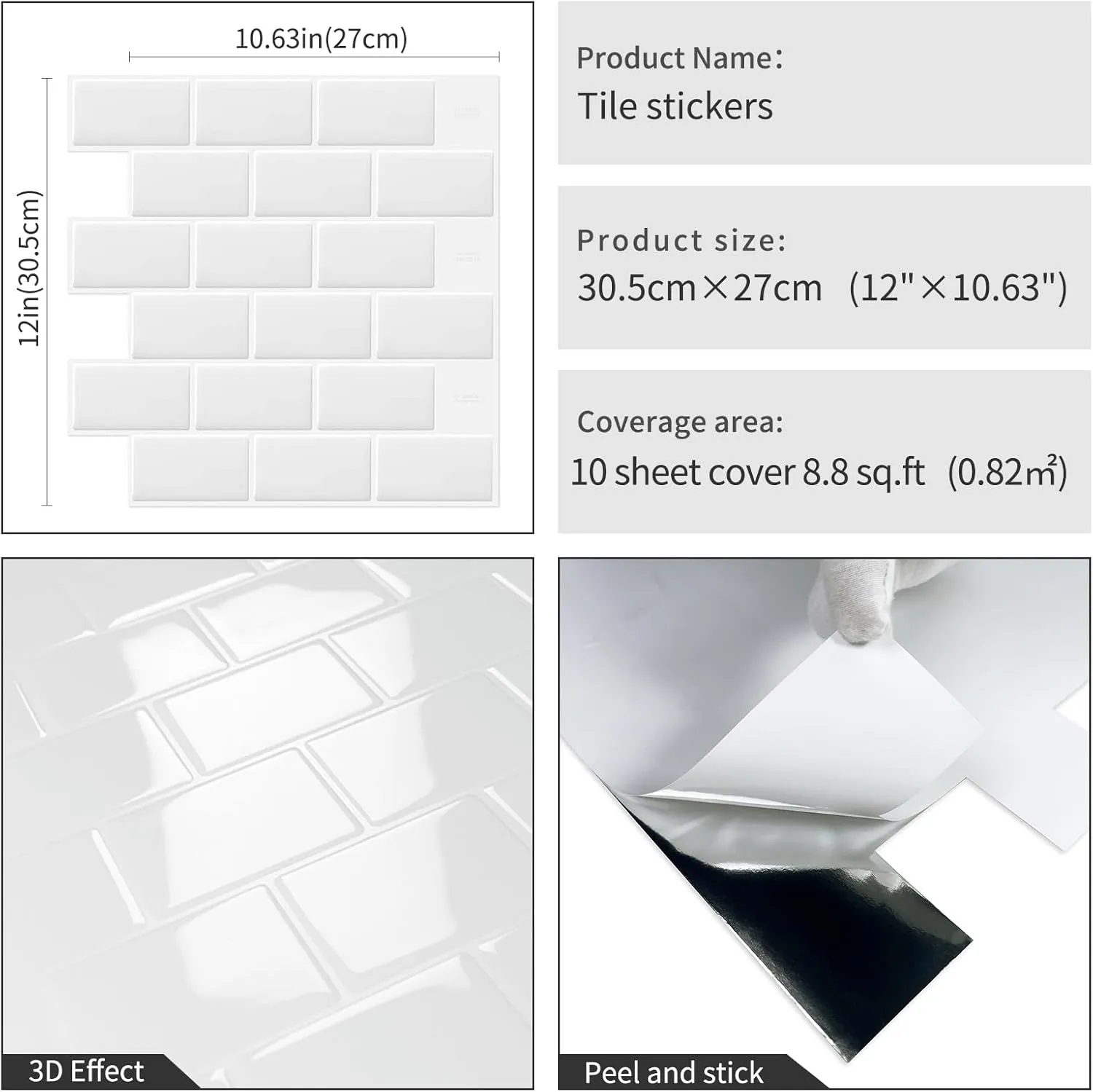 White Peel and Stick Subway Tile Brick Backsplash Self Adhesive Wall Tiles for Kitchen Bathroom, 10-Sheet, 12"×12"