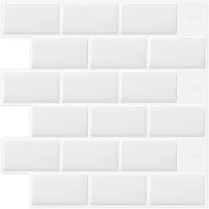 White Peel and Stick Subway Tile Brick Backsplash Self Adhesive Wall Tiles for Kitchen Bathroom, 10-Sheet, 12"×12"