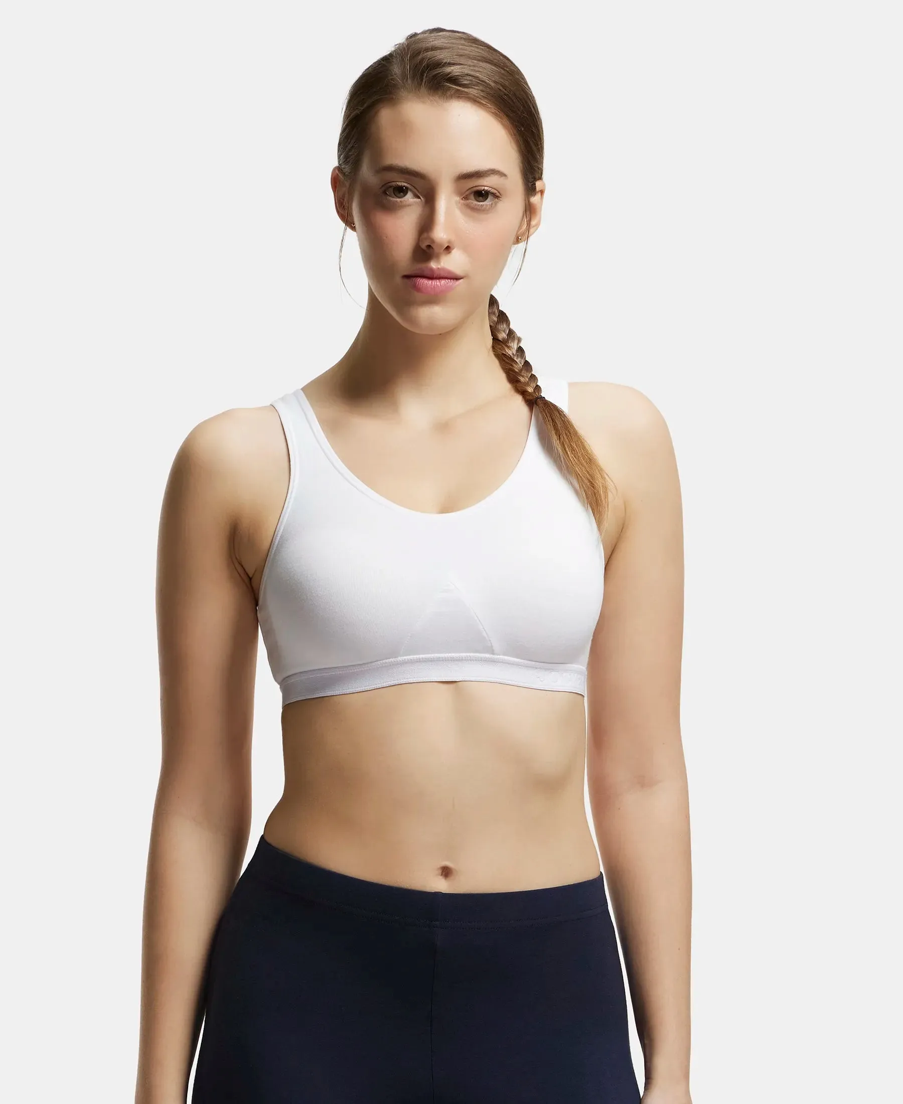 Wirefree Non Padded Super Combed Cotton Elastane Stretch Full Coverage Slip-On Active Bra with Wider Straps and Moisture Move Treatment - White
