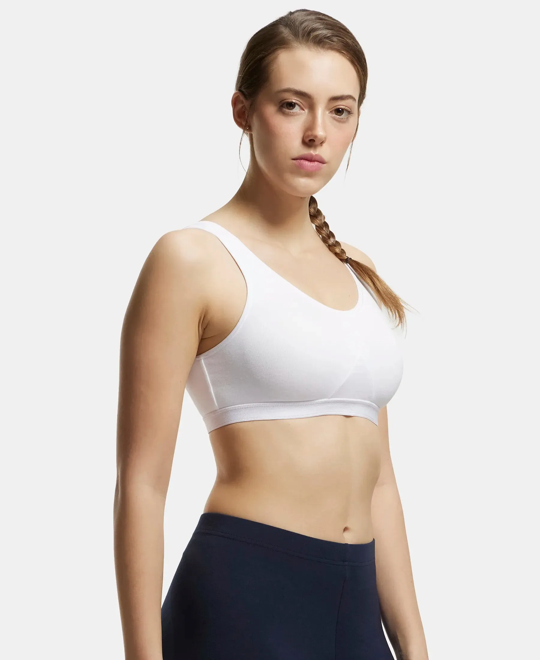 Wirefree Non Padded Super Combed Cotton Elastane Stretch Full Coverage Slip-On Active Bra with Wider Straps and Moisture Move Treatment - White