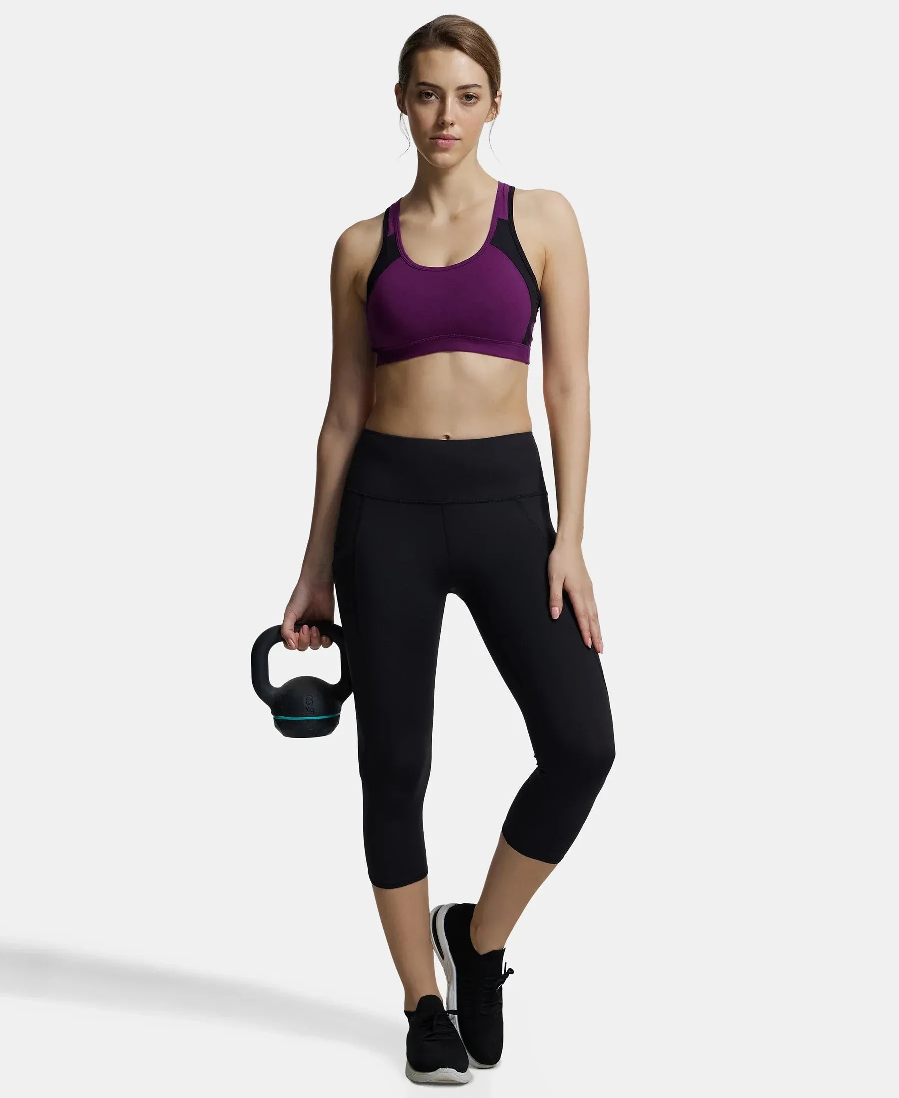 Wirefree Padded Super Combed Cotton Elastane Stretch Full Coverage Racer Back Styling Active Bra with StayFresh and Moisture Move Treatment - Gloxinia & Black
