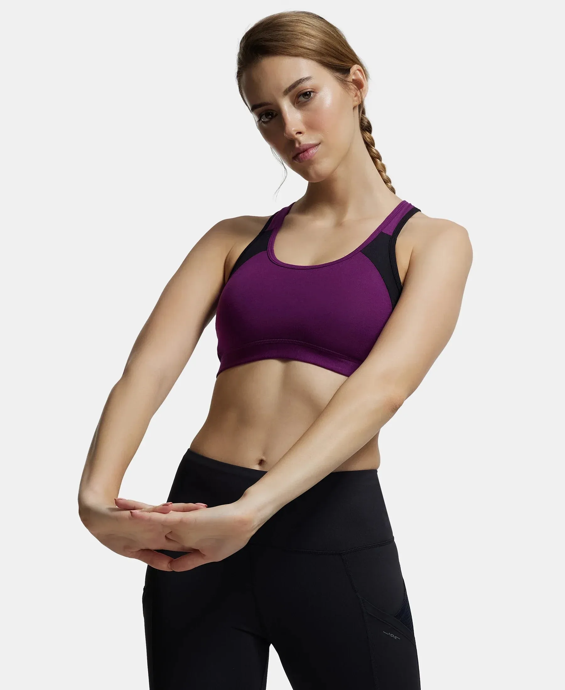 Wirefree Padded Super Combed Cotton Elastane Stretch Full Coverage Racer Back Styling Active Bra with StayFresh and Moisture Move Treatment - Gloxinia & Black