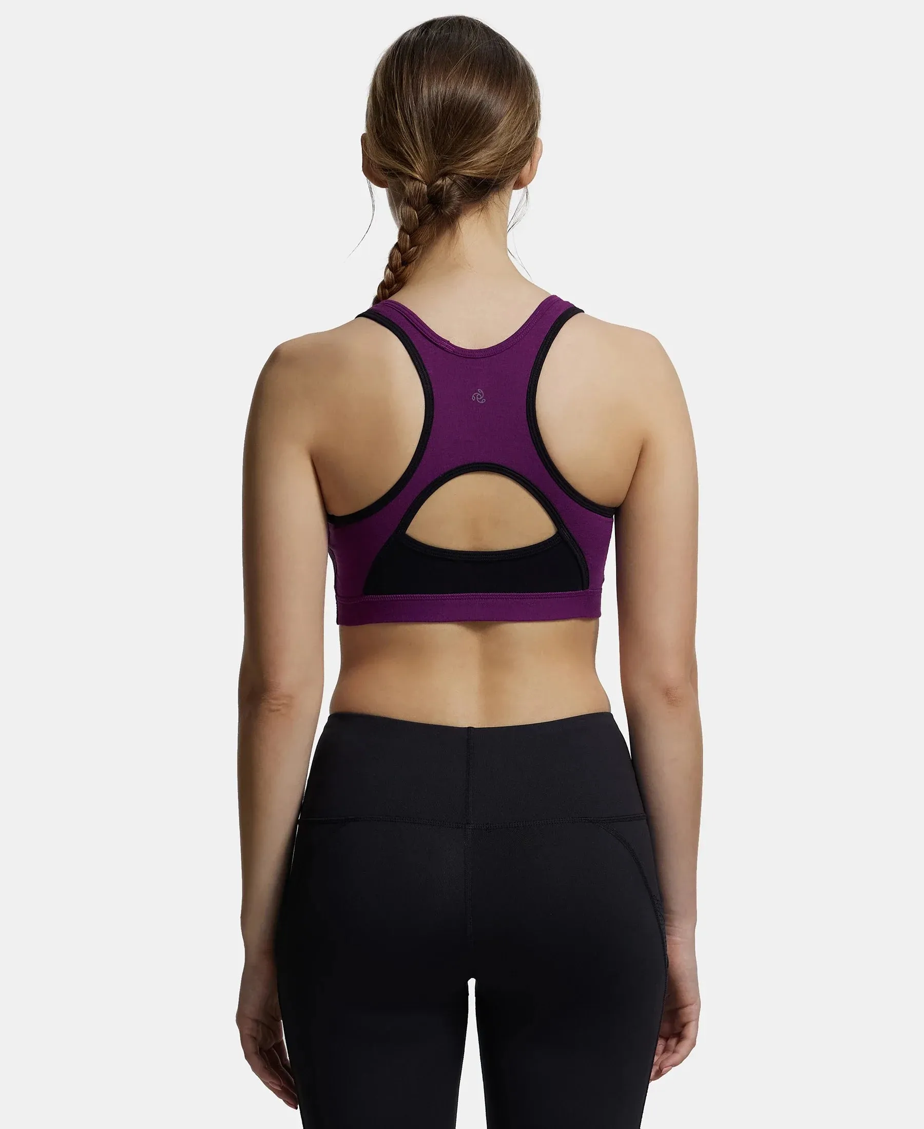 Wirefree Padded Super Combed Cotton Elastane Stretch Full Coverage Racer Back Styling Active Bra with StayFresh and Moisture Move Treatment - Gloxinia & Black