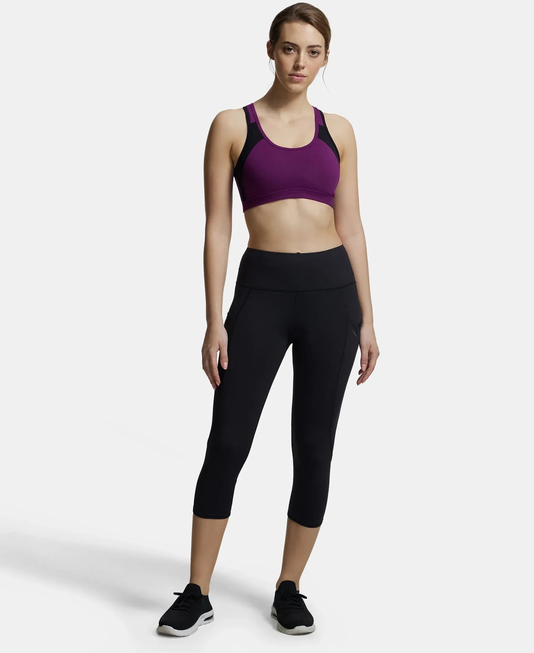 Wirefree Padded Super Combed Cotton Elastane Stretch Full Coverage Racer Back Styling Active Bra with StayFresh and Moisture Move Treatment - Gloxinia & Black
