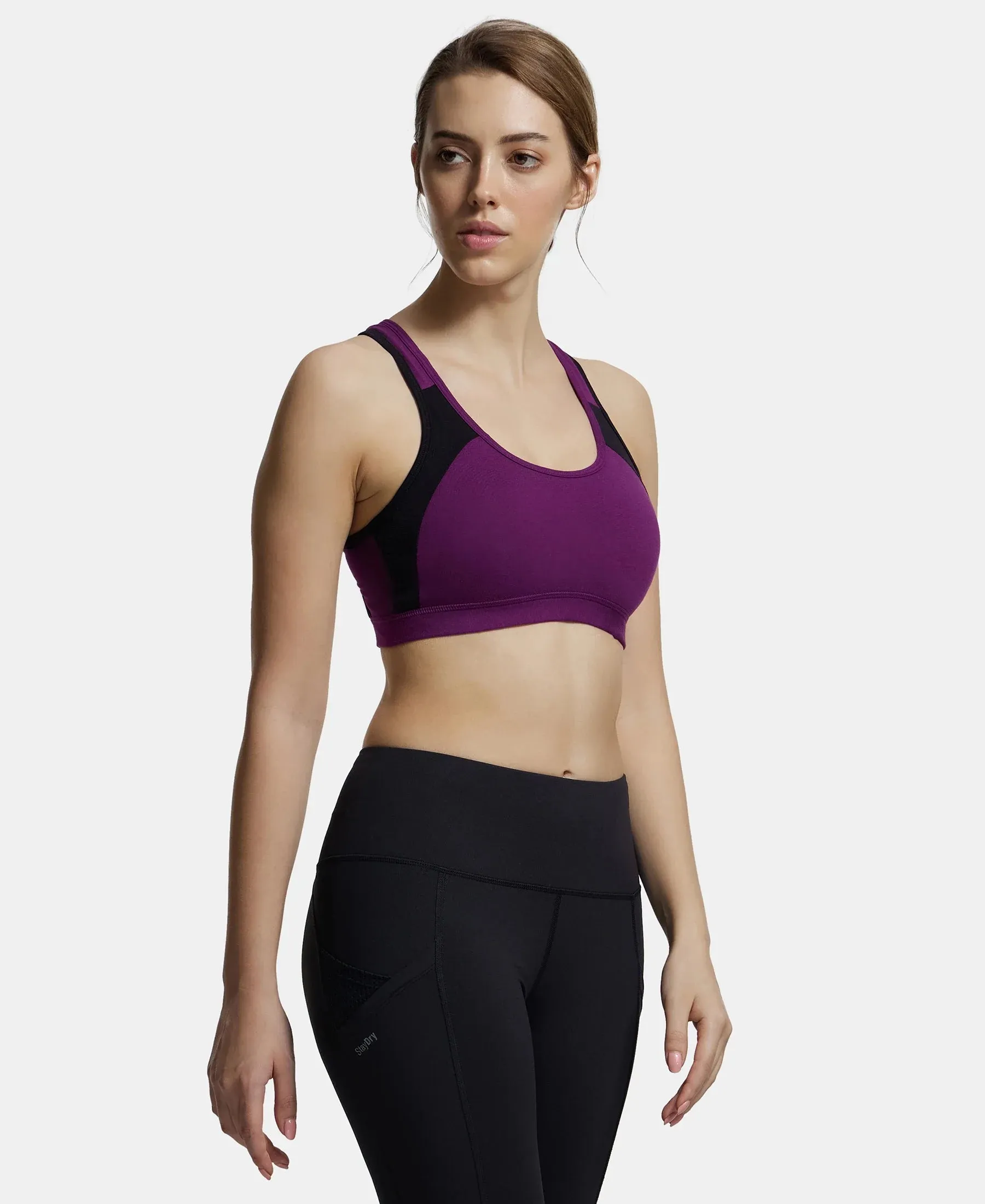 Wirefree Padded Super Combed Cotton Elastane Stretch Full Coverage Racer Back Styling Active Bra with StayFresh and Moisture Move Treatment - Gloxinia & Black