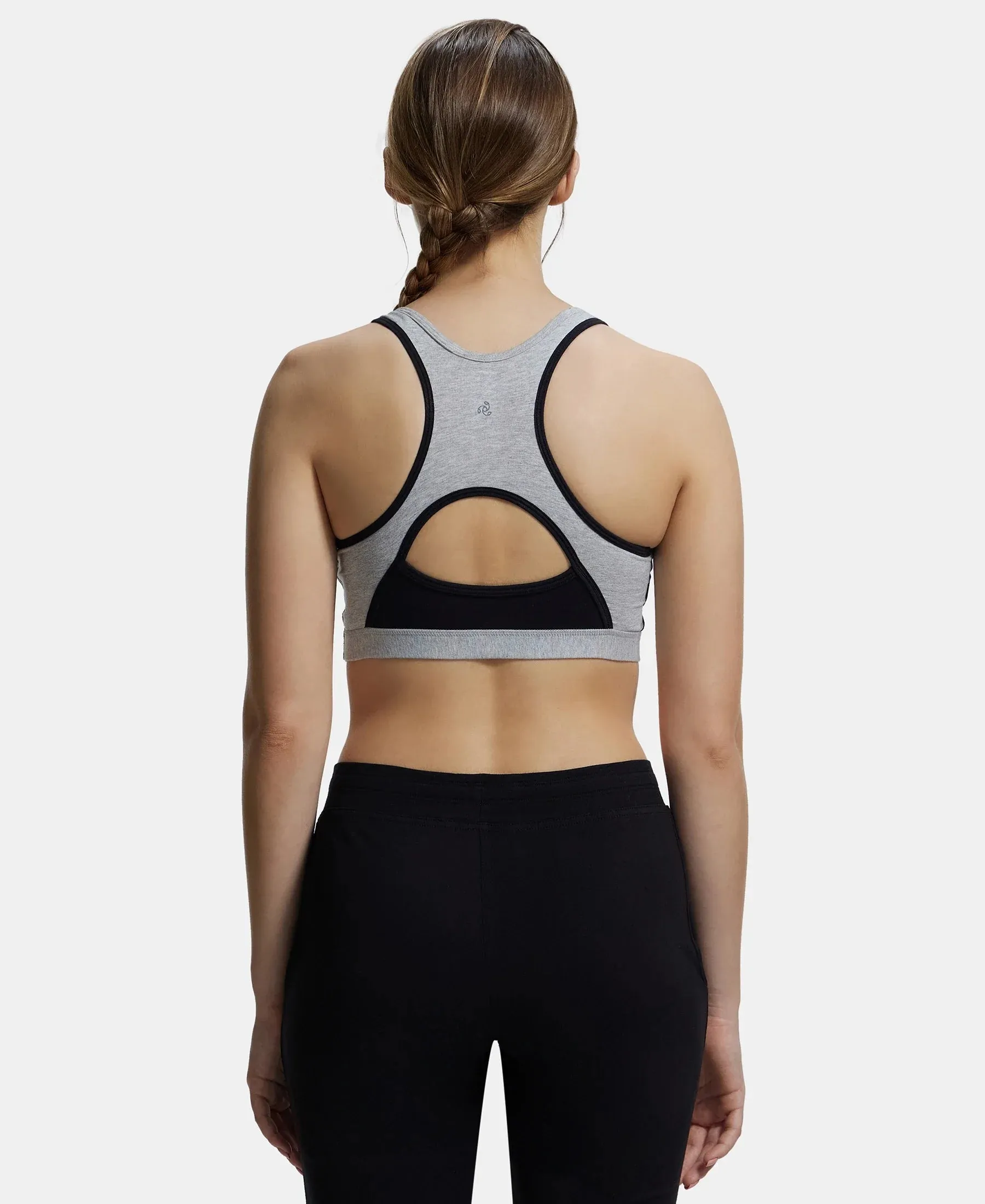 Wirefree Padded Super Combed Cotton Elastane Stretch Full Coverage Racer Back Styling Active Bra with StayFresh and Moisture Move Treatment - Light Grey Melange & Black