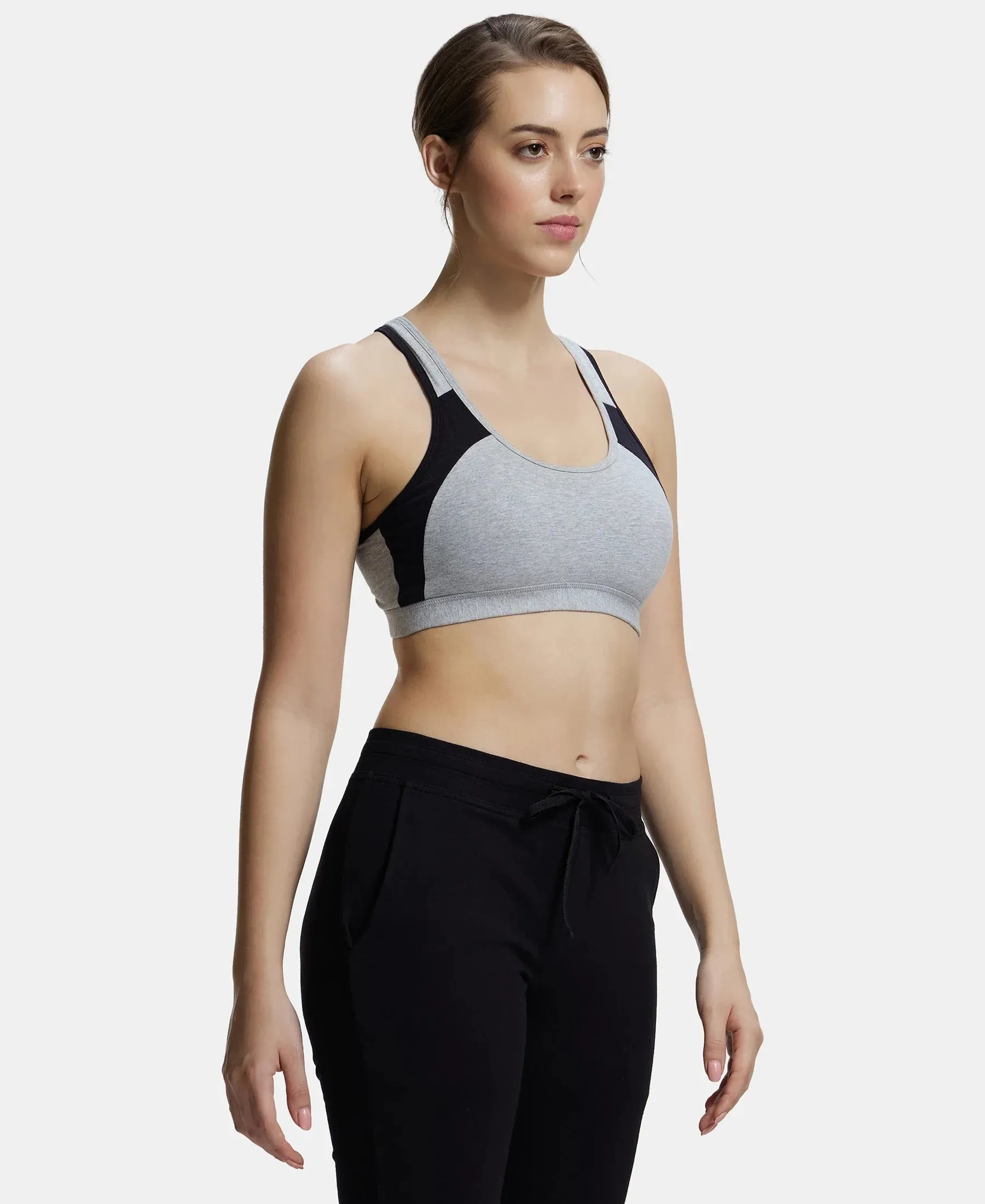 Wirefree Padded Super Combed Cotton Elastane Stretch Full Coverage Racer Back Styling Active Bra with StayFresh and Moisture Move Treatment - Light Grey Melange & Black