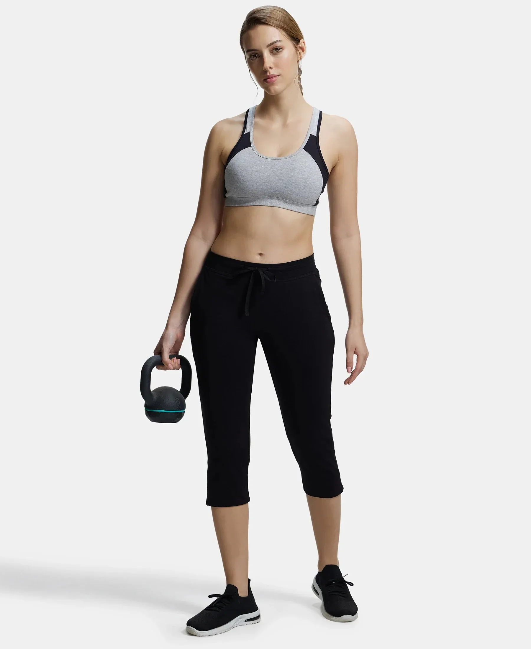 Wirefree Padded Super Combed Cotton Elastane Stretch Full Coverage Racer Back Styling Active Bra with StayFresh and Moisture Move Treatment - Light Grey Melange & Black