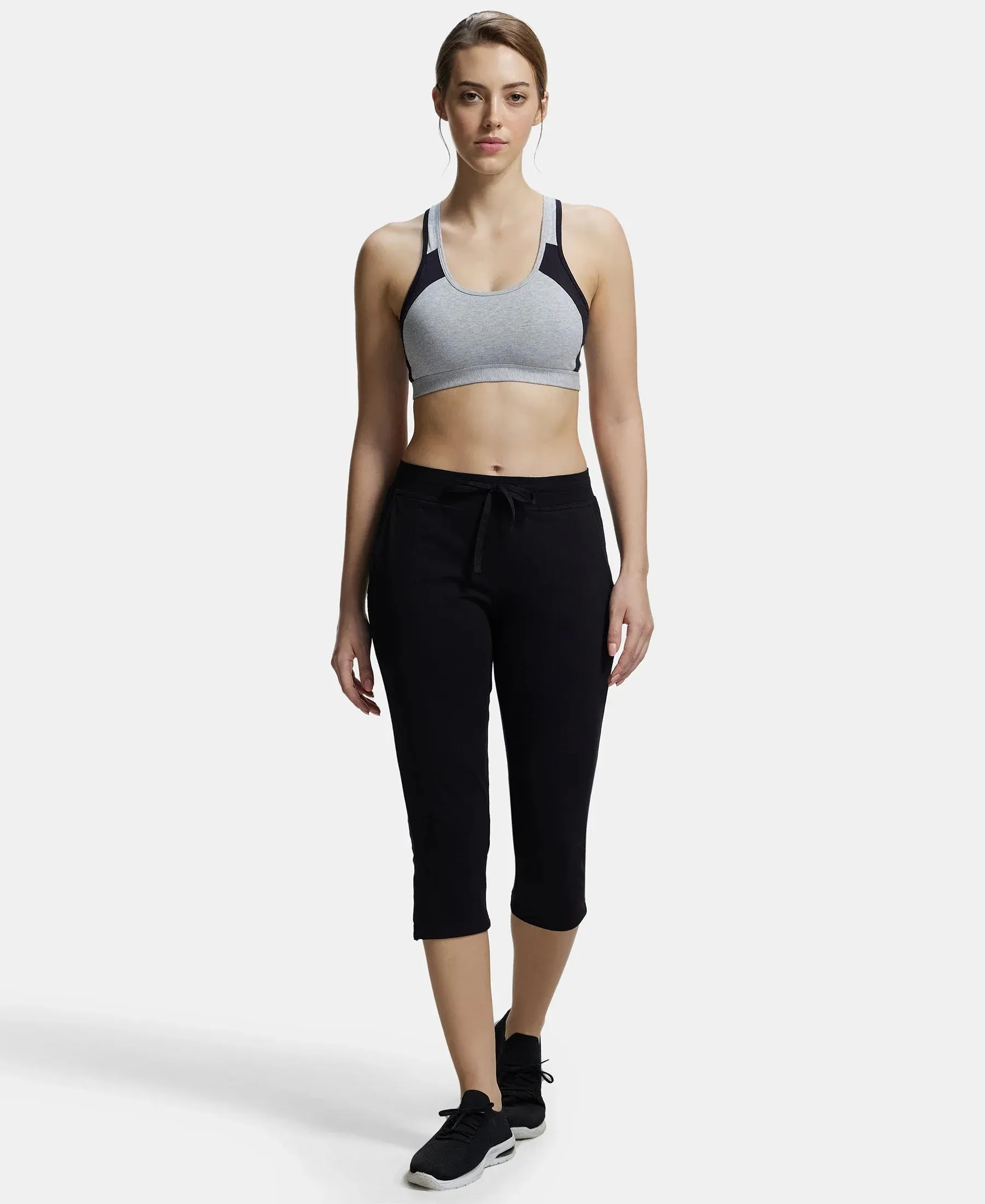 Wirefree Padded Super Combed Cotton Elastane Stretch Full Coverage Racer Back Styling Active Bra with StayFresh and Moisture Move Treatment - Light Grey Melange & Black