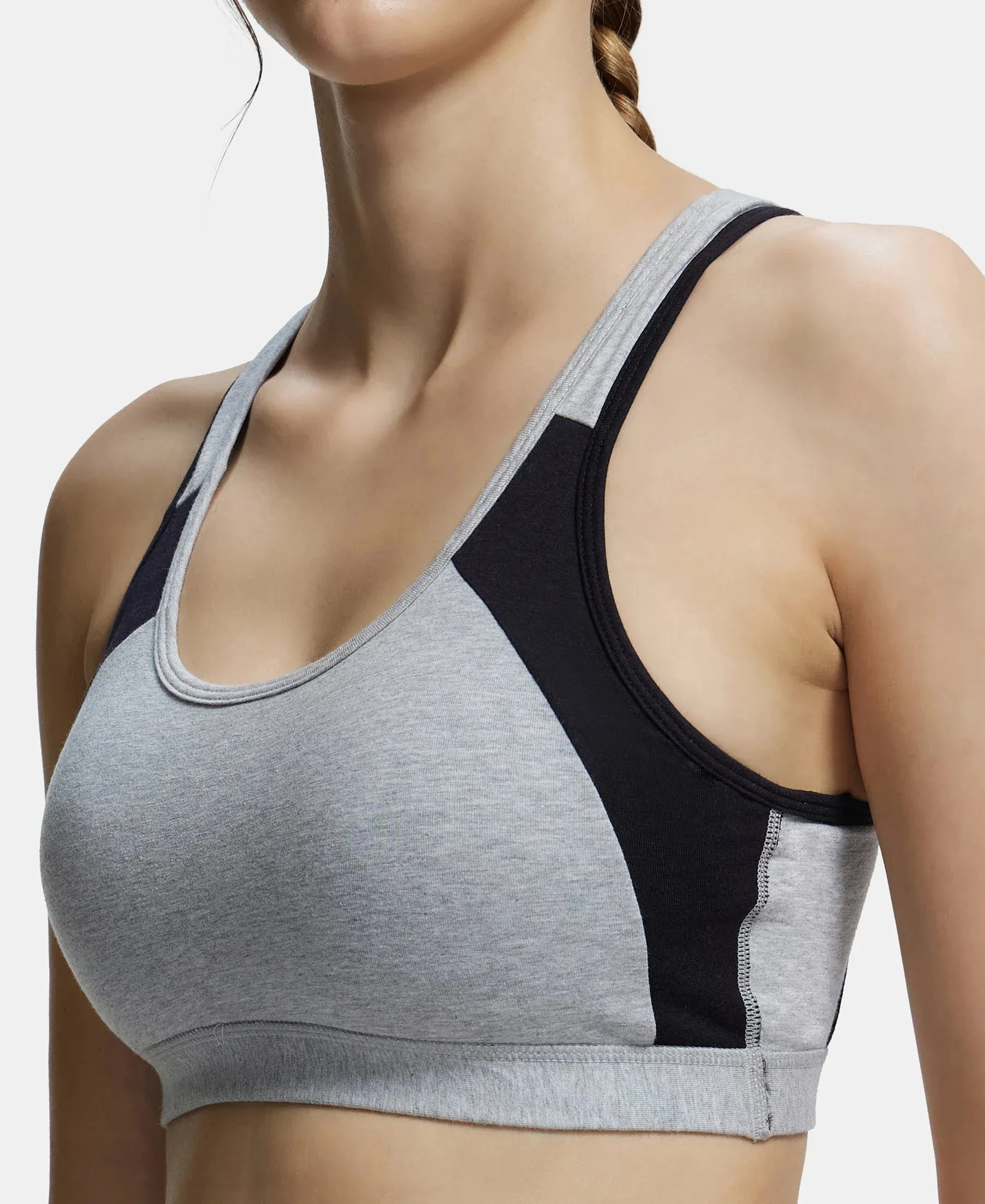 Wirefree Padded Super Combed Cotton Elastane Stretch Full Coverage Racer Back Styling Active Bra with StayFresh and Moisture Move Treatment - Light Grey Melange & Black