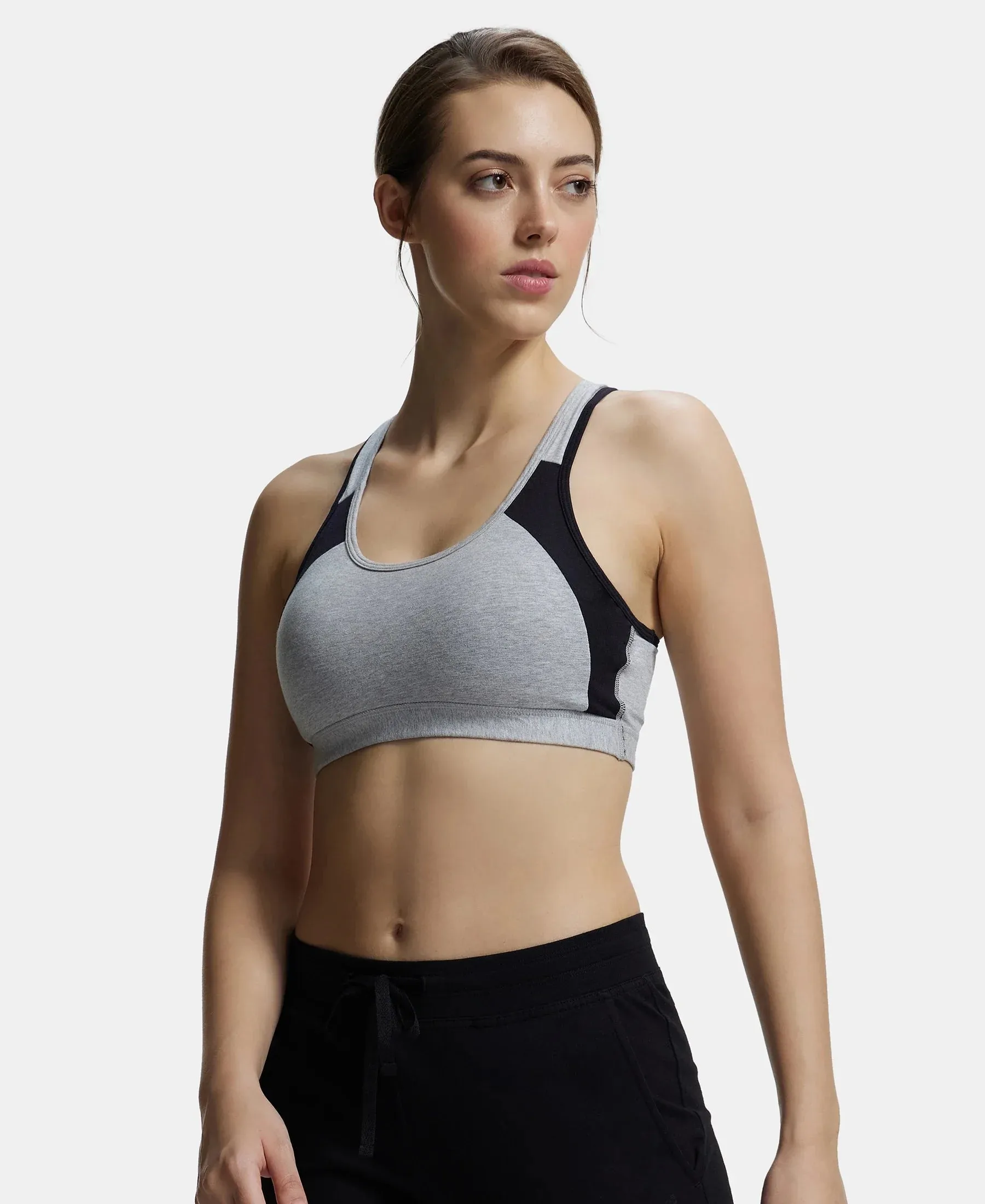 Wirefree Padded Super Combed Cotton Elastane Stretch Full Coverage Racer Back Styling Active Bra with StayFresh and Moisture Move Treatment - Light Grey Melange & Black