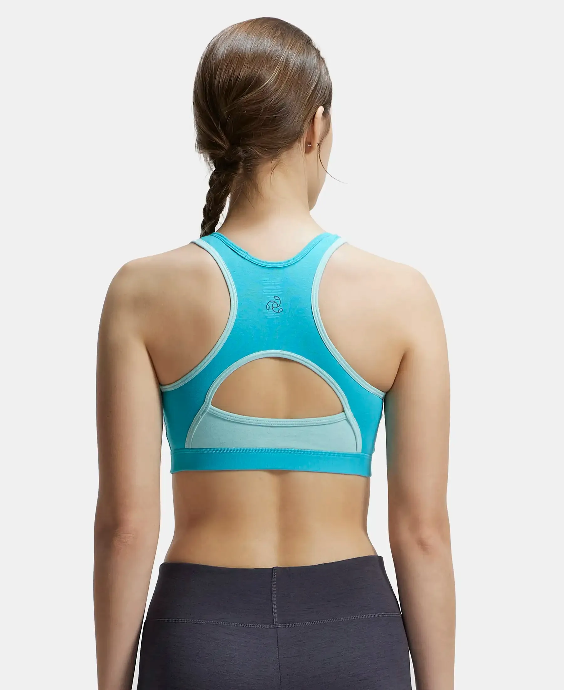 Wirefree Padded Super Combed Cotton Elastane Stretch Full Coverage Racer Back Styling Active Bra with StayFresh and Moisture Move Treatment - Teal & Mint Melange