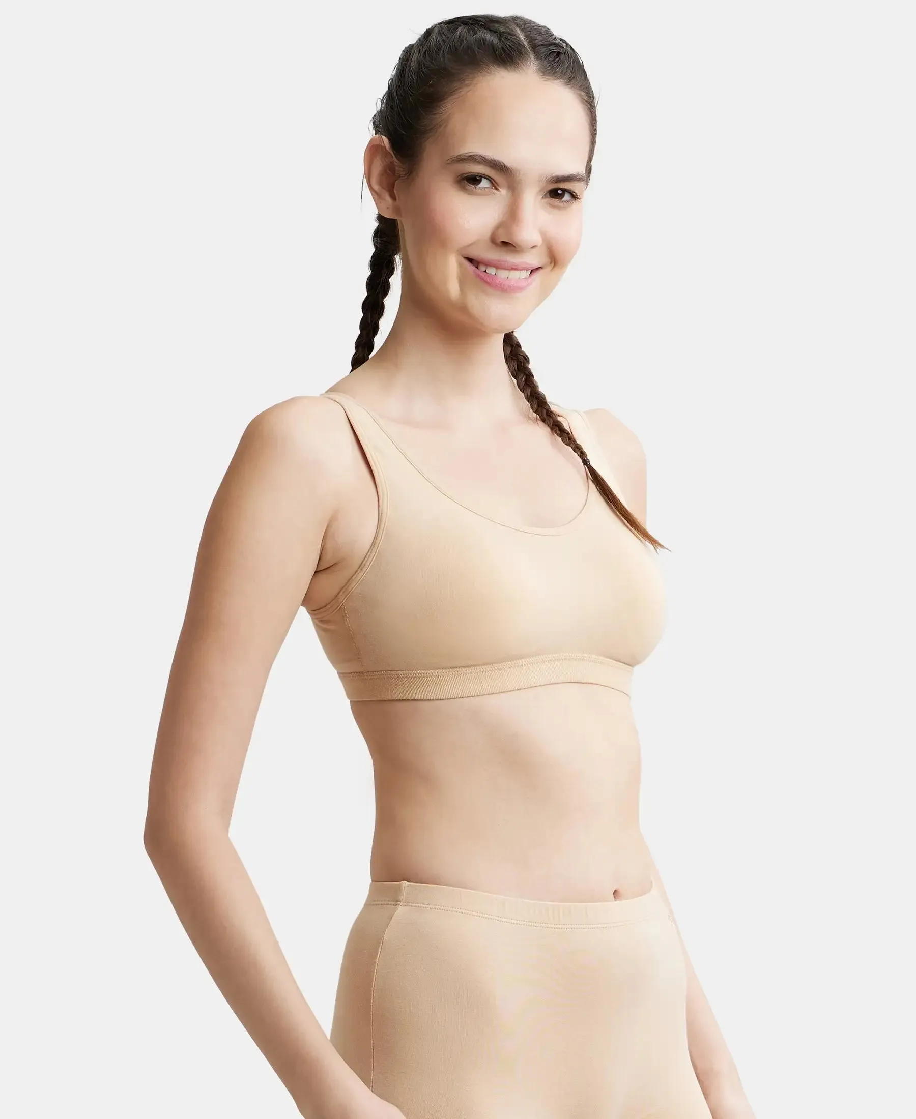 Wirefree Padded Super Combed Cotton Elastane Stretch Full Coverage Slip-On Uniform Bra with Concealed Underband - Skin