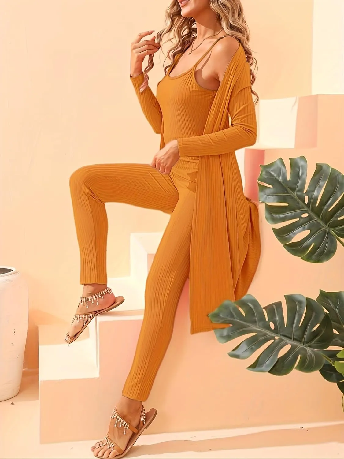 Women 3 Piece Outfits Ribbed Sleeveless Kimono Cardigan Cover Up Tank Crop Tops Bodycon Shorts Tracksuit Lounge Sets