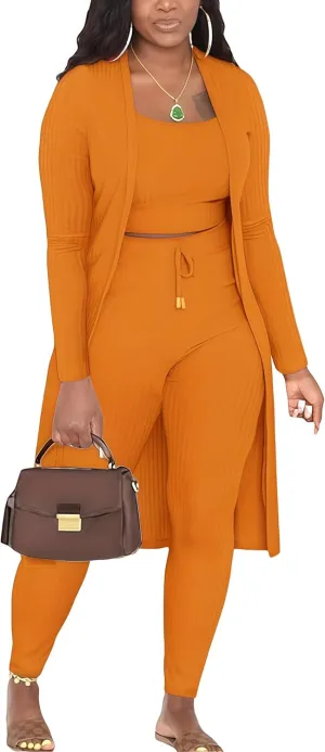 Women 3 Piece Outfits Ribbed Sleeveless Kimono Cardigan Cover Up Tank Crop Tops Bodycon Shorts Tracksuit Lounge Sets