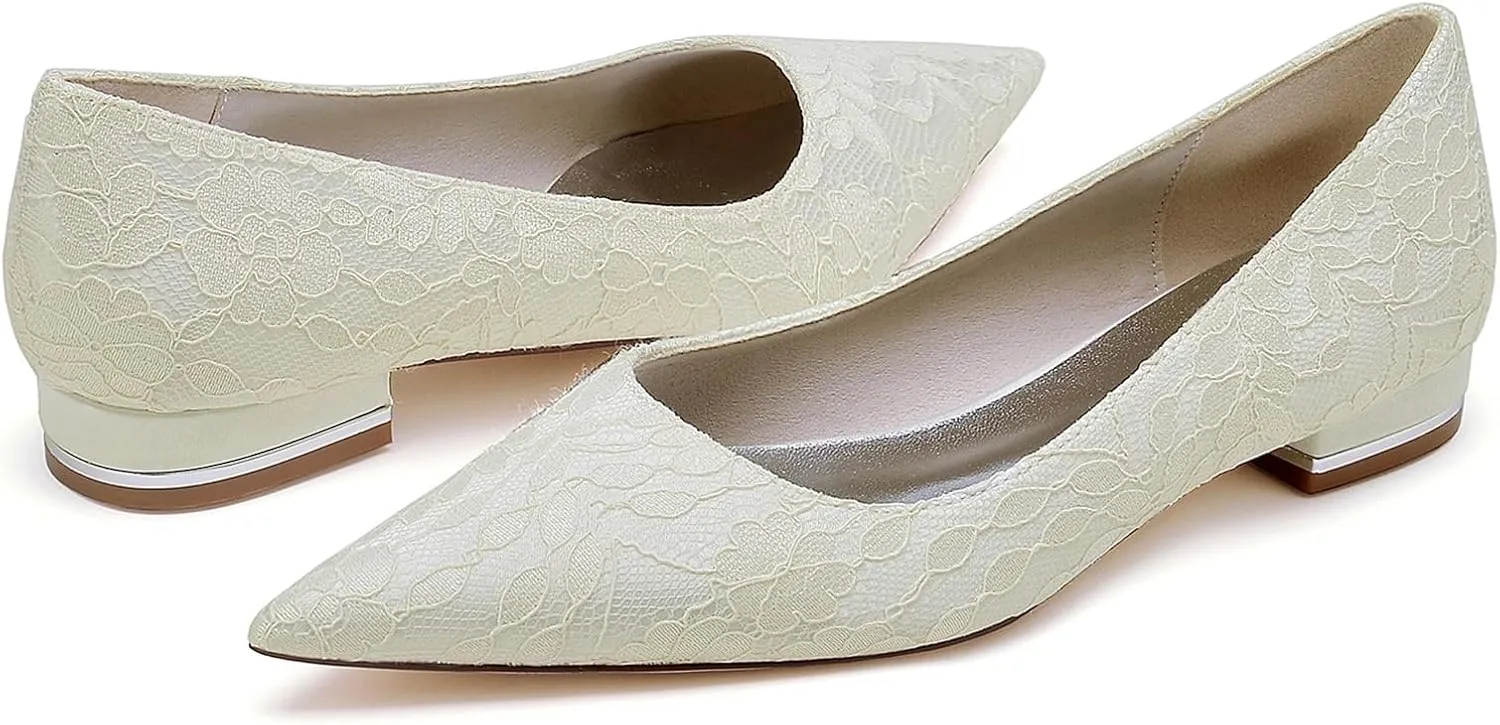 Women Ballet Flats Prom Evening Bridal Party Dress Shoes Lace Flat Wedding Shoes Pointed Toe Slip on
