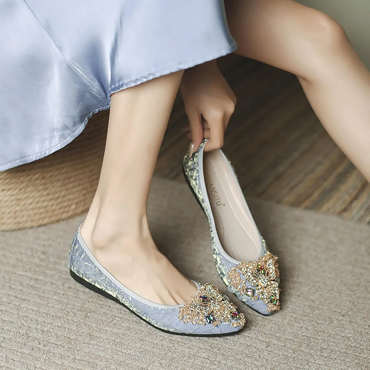 Women Ballet Flats Rhinestone Wedding Ballerina Shoes Foldable Sparkly Comfort Slip on Flat Shoes
