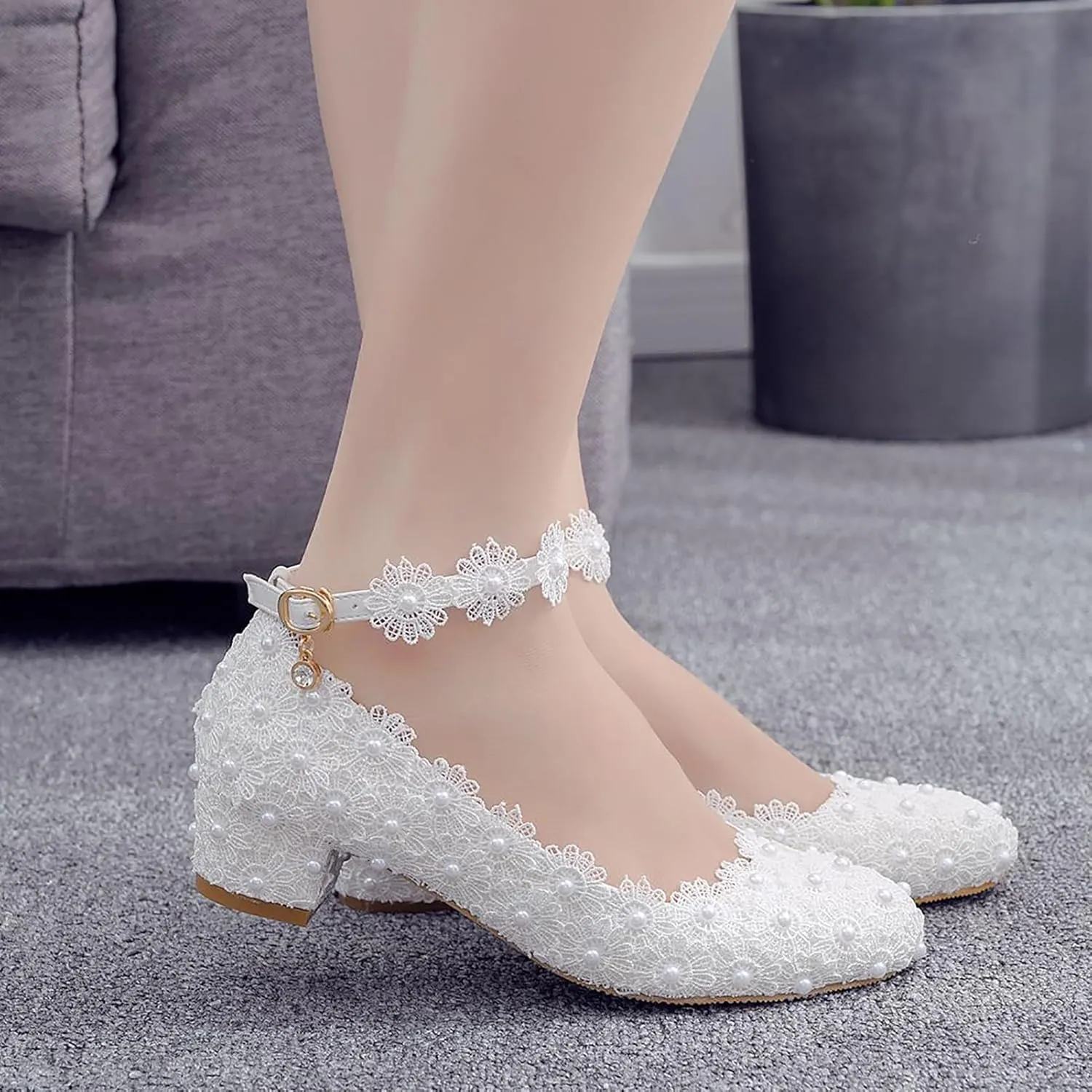 Women Flats Round Toe Flat Heel Bridal Wedding Shoes Low Square Heels Ballet Flats Evening Prom Party Dress Shoes Pumps,White,37