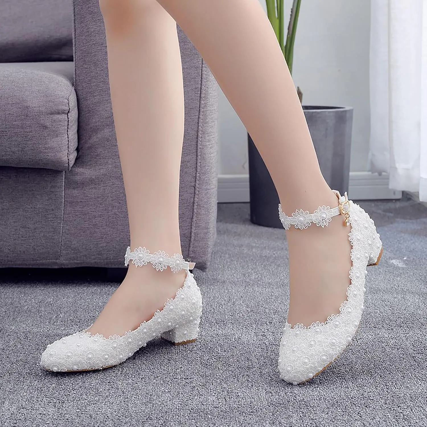 Women Flats Round Toe Flat Heel Bridal Wedding Shoes Low Square Heels Ballet Flats Evening Prom Party Dress Shoes Pumps,White,37