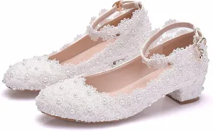 Women Flats Round Toe Flat Heel Bridal Wedding Shoes Low Square Heels Ballet Flats Evening Prom Party Dress Shoes Pumps,White,37