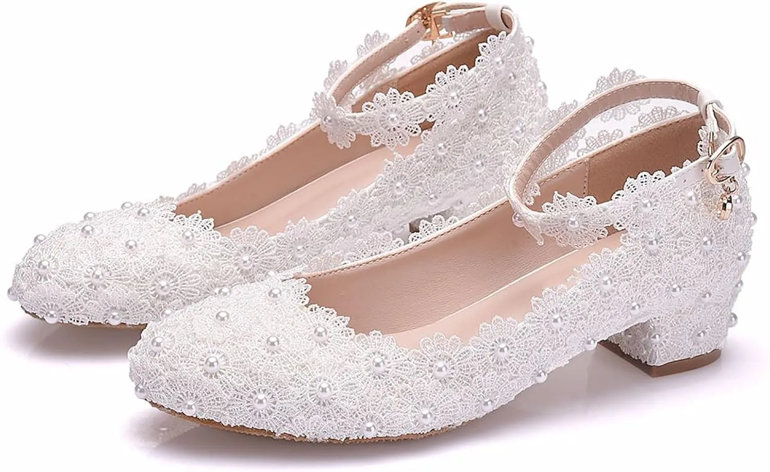 Women Flats Round Toe Flat Heel Bridal Wedding Shoes Low Square Heels Ballet Flats Evening Prom Party Dress Shoes Pumps,White,37