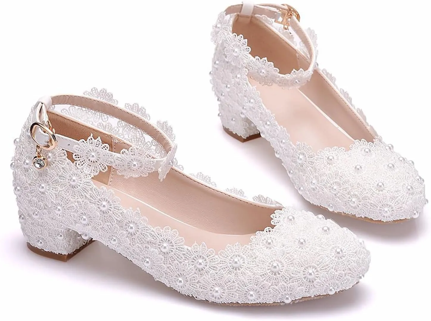 Women Flats Round Toe Flat Heel Bridal Wedding Shoes Low Square Heels Ballet Flats Evening Prom Party Dress Shoes Pumps,White,37