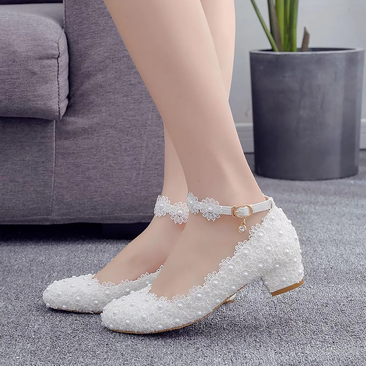 Women Flats Round Toe Flat Heel Bridal Wedding Shoes Low Square Heels Ballet Flats Evening Prom Party Dress Shoes Pumps,White,37
