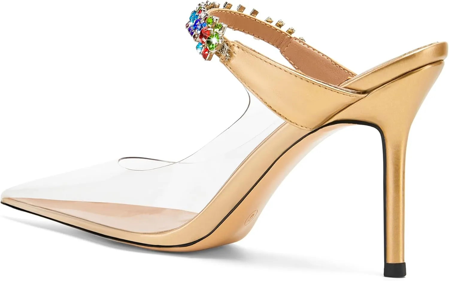 Women Heeled Mules Rhinestone Strappy Clear Heels Pointed Toe Stiletto Slip On Bridal Sandals for Women