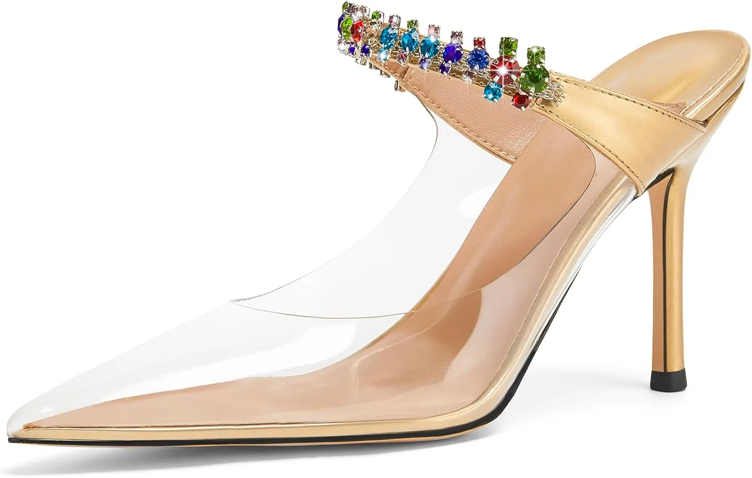 Women Heeled Mules Rhinestone Strappy Clear Heels Pointed Toe Stiletto Slip On Bridal Sandals for Women