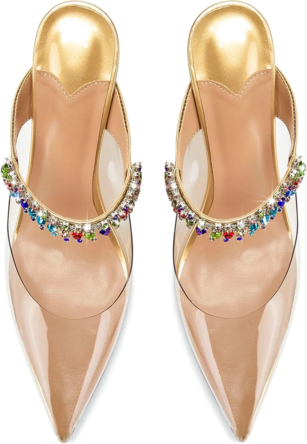 Women Heeled Mules Rhinestone Strappy Clear Heels Pointed Toe Stiletto Slip On Bridal Sandals for Women