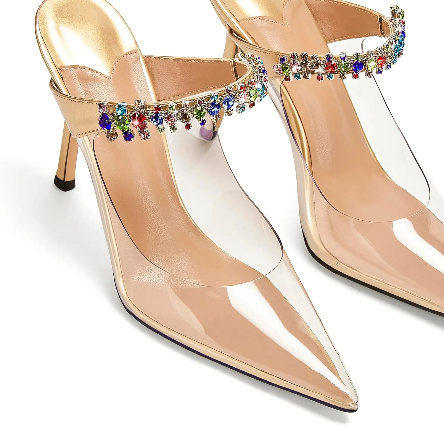 Women Heeled Mules Rhinestone Strappy Clear Heels Pointed Toe Stiletto Slip On Bridal Sandals for Women