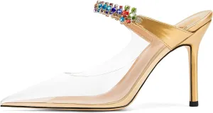 Women Heeled Mules Rhinestone Strappy Clear Heels Pointed Toe Stiletto Slip On Bridal Sandals for Women