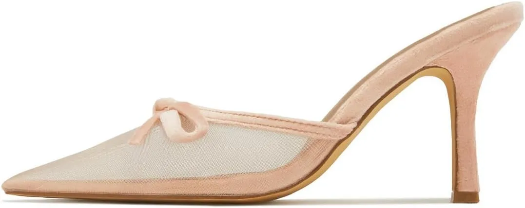 Women Lovely Bows Pointy Toe Mesh Slides Sandals Slip On Stiletto High Heel Mules Comfy Indoor Prom Shoes Size 4-16 US