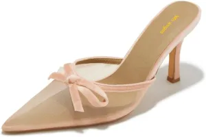 Women Lovely Bows Pointy Toe Mesh Slides Sandals Slip On Stiletto High Heel Mules Comfy Indoor Prom Shoes Size 4-16 US