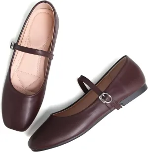Women Mary Jane Flat Shoes Soft Patent Leather Square Toe Adjustable Buckle Strap Casual Ballet Dance Shoes