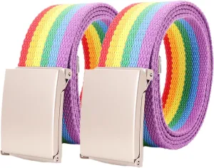 Women Men Canvas Web Belt Size Up to 71" with Flip Top Solid Matte Silver Military Buckle, 2 Pack