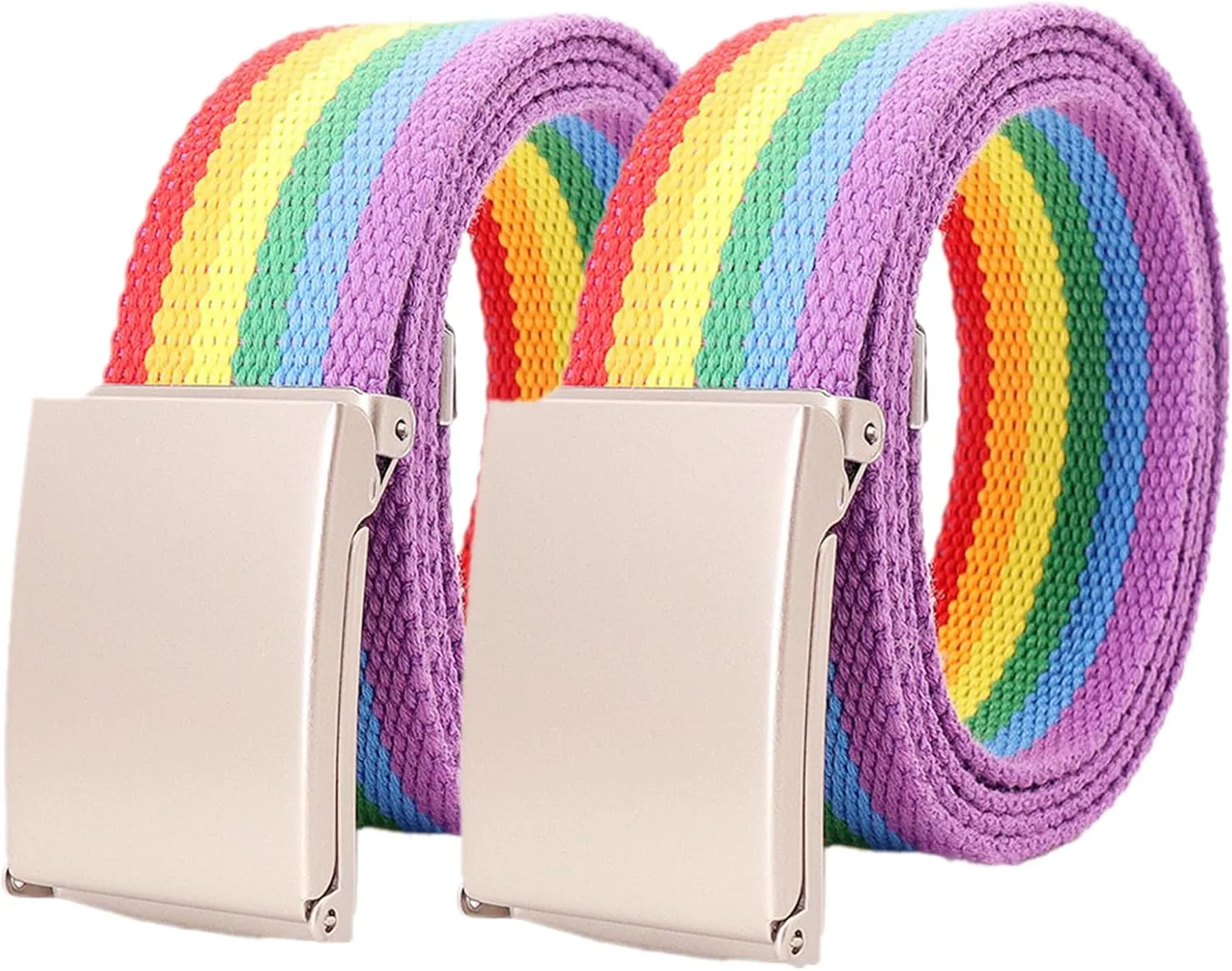Women Men Canvas Web Belt Size Up to 71" with Flip Top Solid Matte Silver Military Buckle, 2 Pack