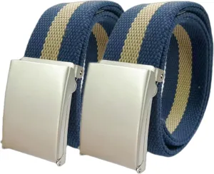 Women Men Canvas Web Belt Size Up to 71" with Flip Top Solid Matte Silver Military Buckle, 2 Pack