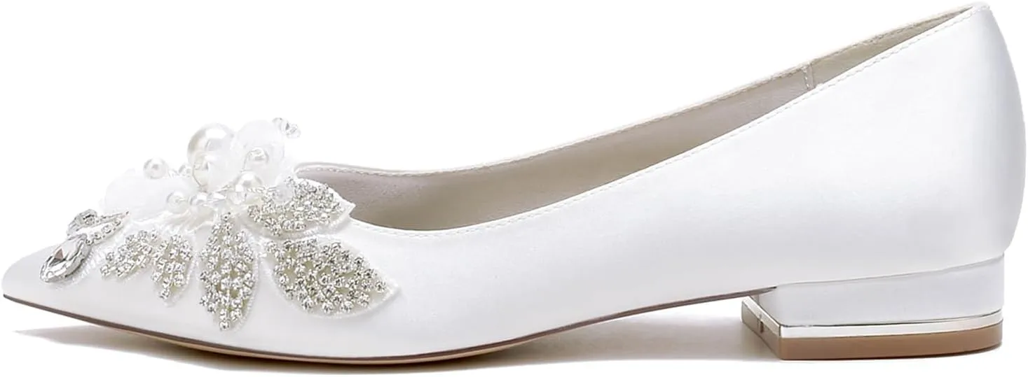 Women Pointed Toe Ballet Wedding Flat Shoes Rhinestones Pearls Satin with Embroidery Lace Flower Low Heel Dress Shoes