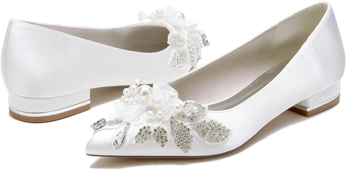 Women Pointed Toe Ballet Wedding Flat Shoes Rhinestones Pearls Satin with Embroidery Lace Flower Low Heel Dress Shoes