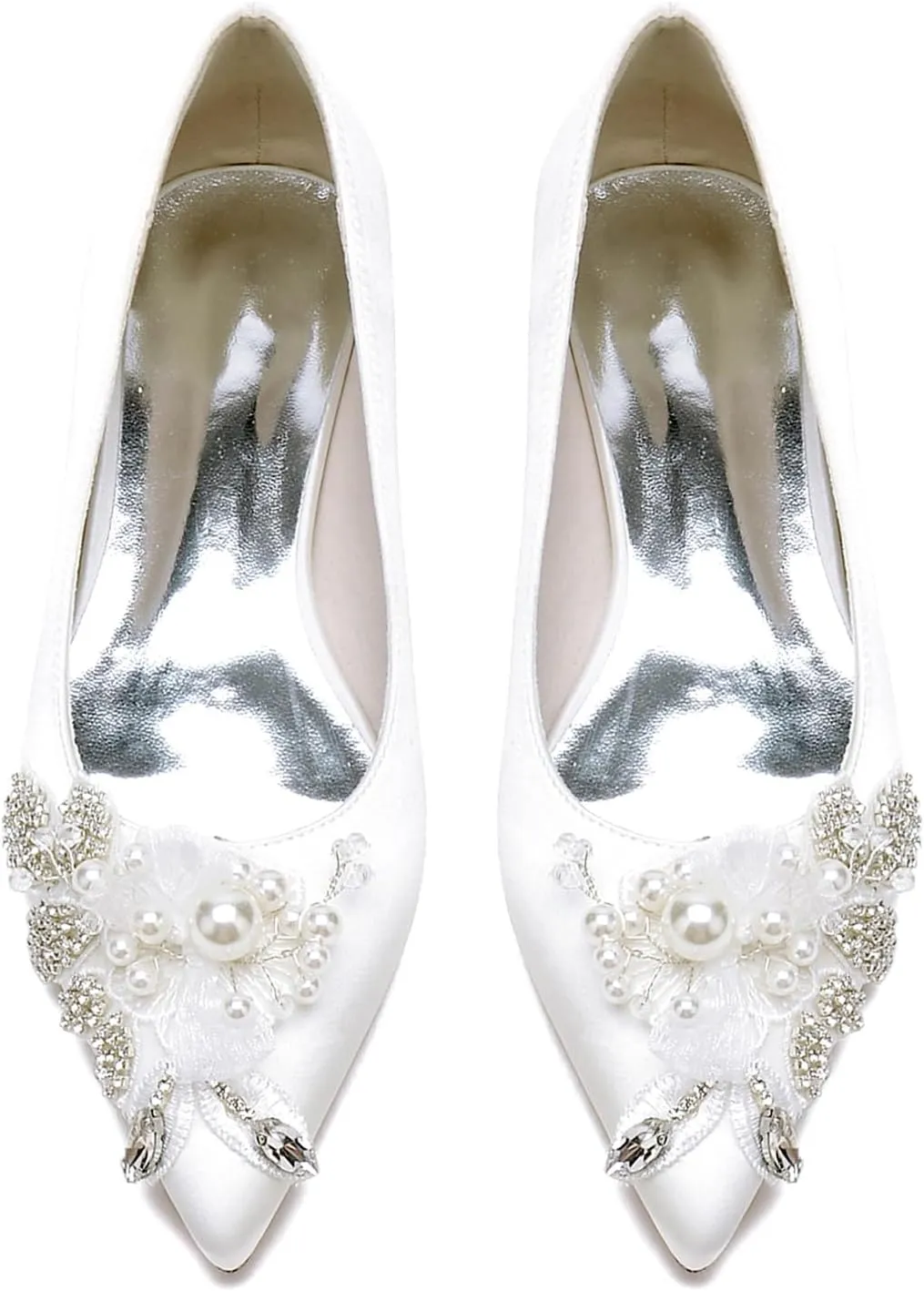 Women Pointed Toe Ballet Wedding Flat Shoes Rhinestones Pearls Satin with Embroidery Lace Flower Low Heel Dress Shoes
