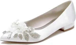 Women Pointed Toe Ballet Wedding Flat Shoes Rhinestones Pearls Satin with Embroidery Lace Flower Low Heel Dress Shoes