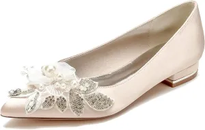 Women Pointed Toe Ballet Wedding Flat Shoes Rhinestones Pearls Satin with Embroidery Lace Flower Low Heel Dress Shoes