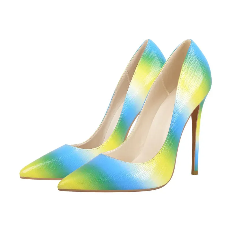 Women Rainbow Pointed Toe Stilettos Pumps Slip On Shoes