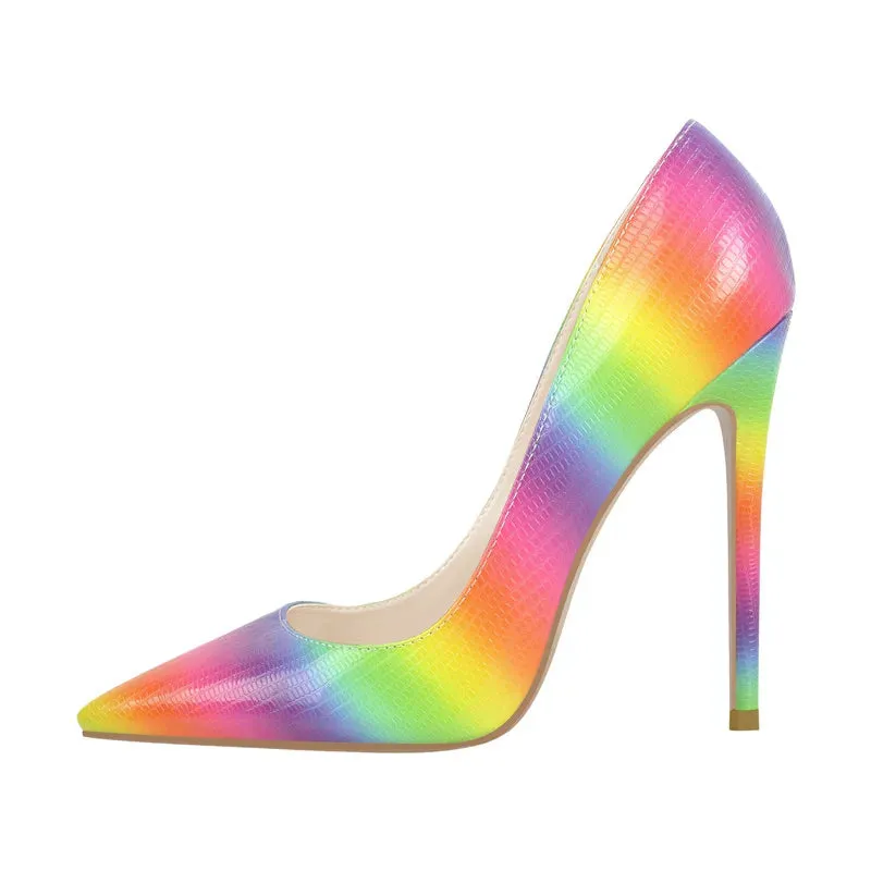 Women Rainbow Pointed Toe Stilettos Pumps Slip On Shoes